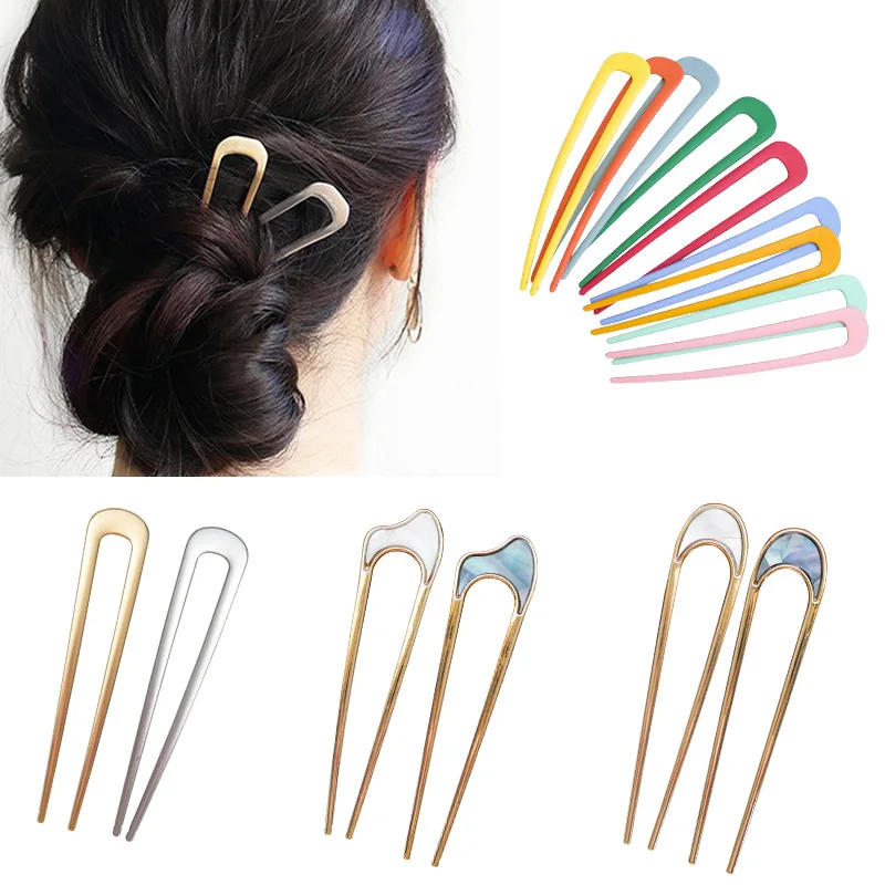 
Hair Accessories Hairpin Chop Sticks Jewelry Women Colorful Hair Sticks U Shape Asymmetric metal Hair Sticks Plastic 