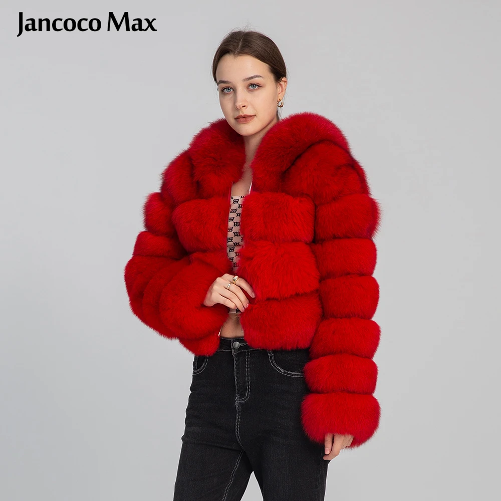 Red Color Warm Thick Long Sleeve Fur Jacket Winter Real Fox Fur Coat Women with Hood