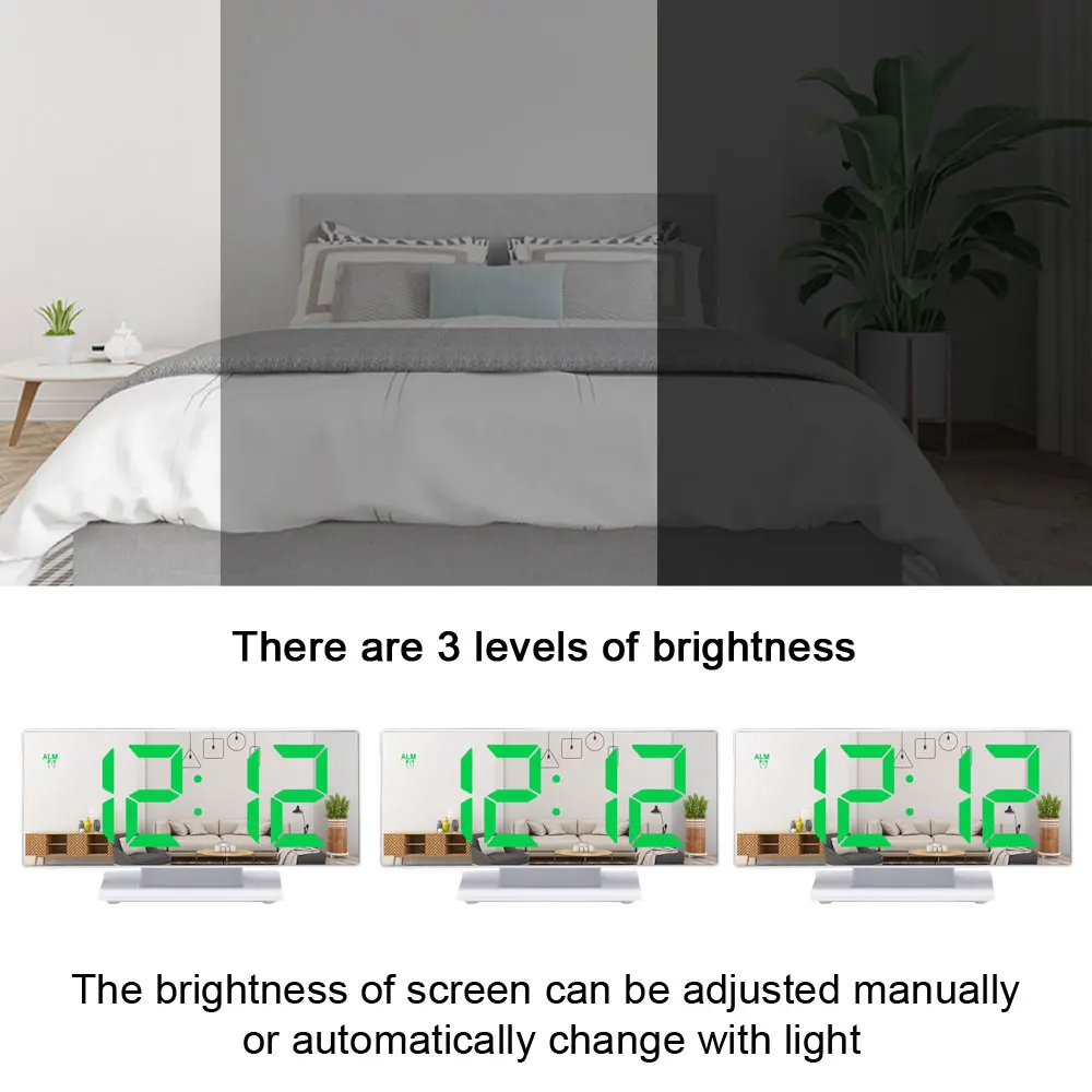 
Digital LED Mirror Clock with Dual USB Charging Port Brightness Sensor for Bedroom Kitchen Hotel Table Desk 