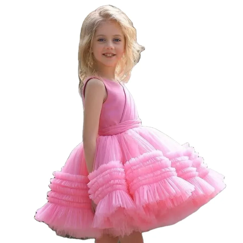 Finalz wholesale kids birthday ball gown mesh cake Sleeveless dress 1 years girls gauze Dresses