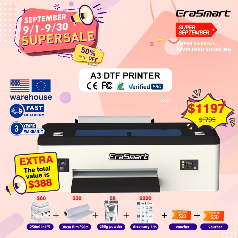 Hot Sale Erasmart Customize Pink Dtf printer T-Shirts garment clothes automatic printing machine A3 1390 XP600 Pink DTF printer