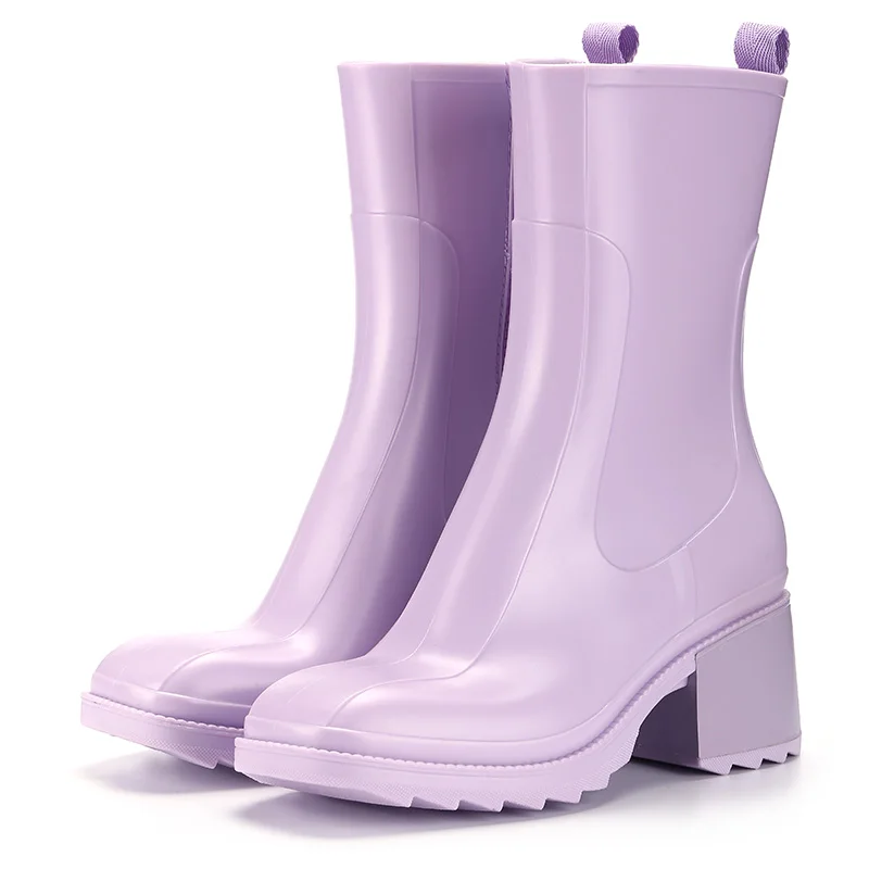 Mid Boots For Women Fashion Lavender Violet Square Heel 6 cm Height Shoes Waterproof