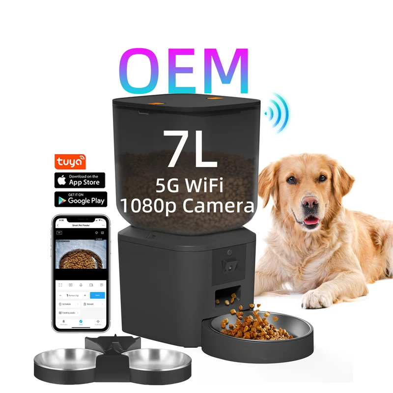 OEM 7L Automatic Dog Feeder With Camera 5G WiFi Stainless Steel Double Bowl Pet Food Dispenser Automatic Feeder For Dog And Cat
