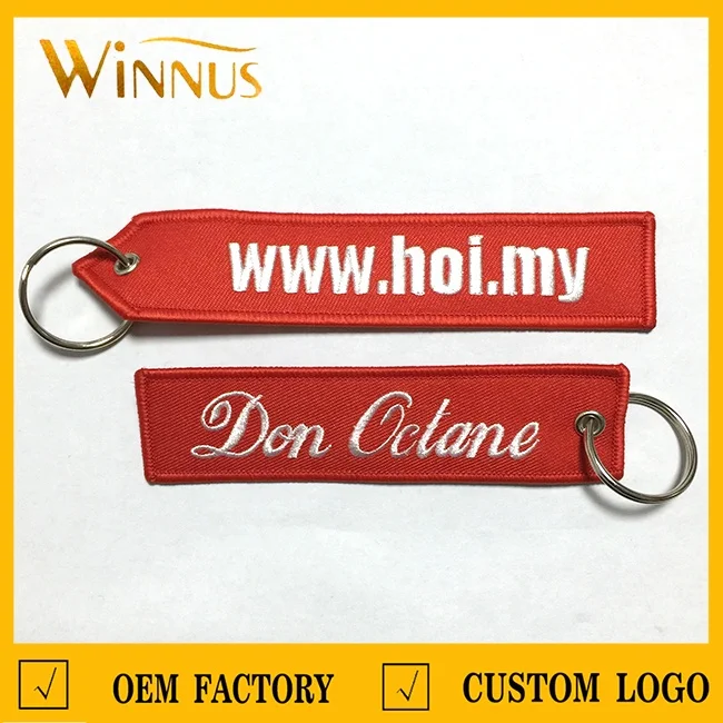 cheap promotion gift jeans bag embroidery logo key holder ring chain fabric tag custom embroidered keychain tag for clothing bag