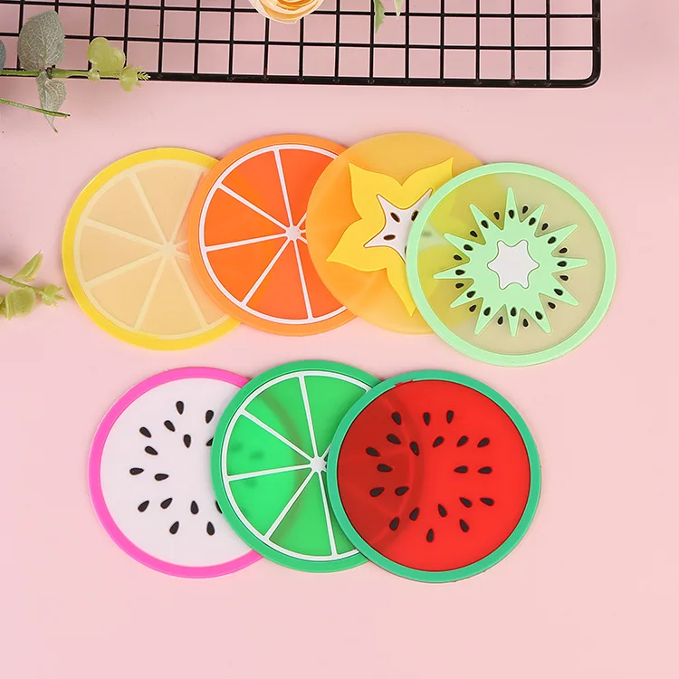 Eco-friendly cute cartoon fruit pattern candy color silicone rubber soft pvc drink cup coasters