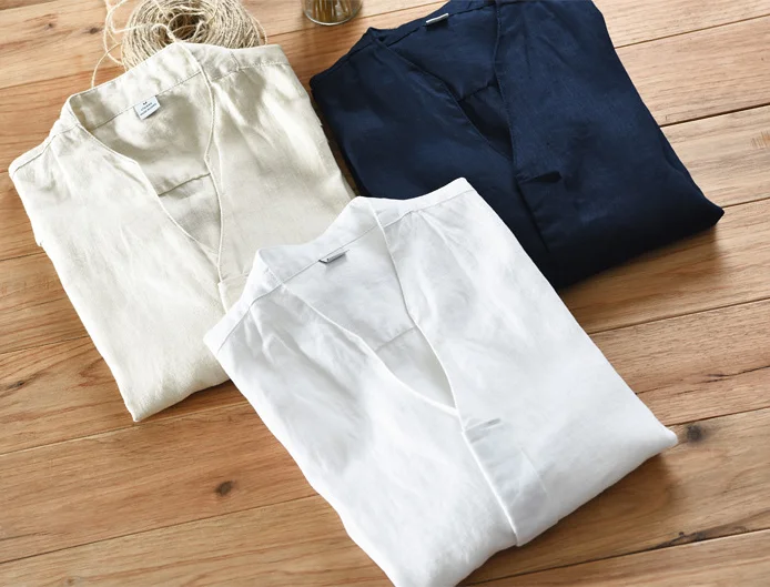 Мужская рубашка из 100% льна с воротником-стойкой и полурукавами