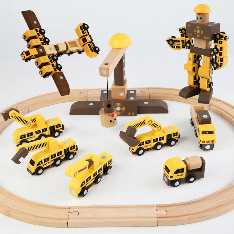 Hot sale creative magnetic  DIY self-assembled engineering vehicle car track wooden block sets for kids gifts toys