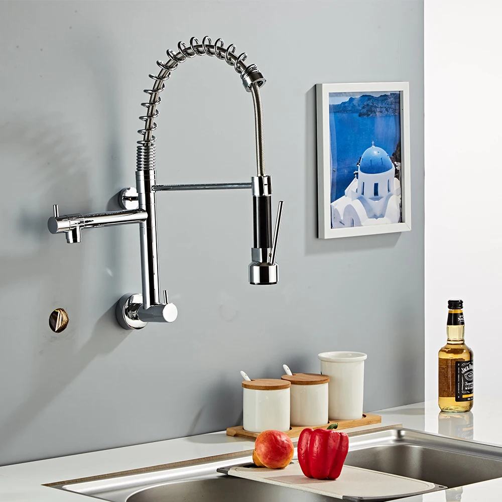 YUNDOOM OEM Luxury Sink Faucet  Torneira Pull Down Sprayer Brass Chrome 2 Spouts Wall Mounted Robinet Cuisine Kitchen Water Tap