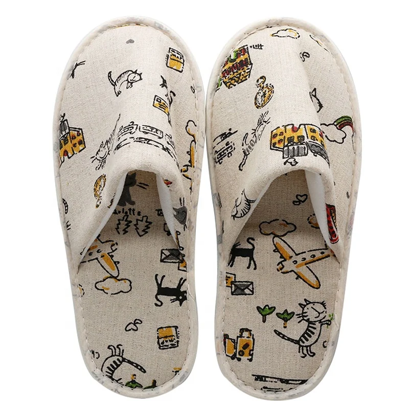 High grade  hotel  spa massage printed linen EVA sole disposable indoor slippers
