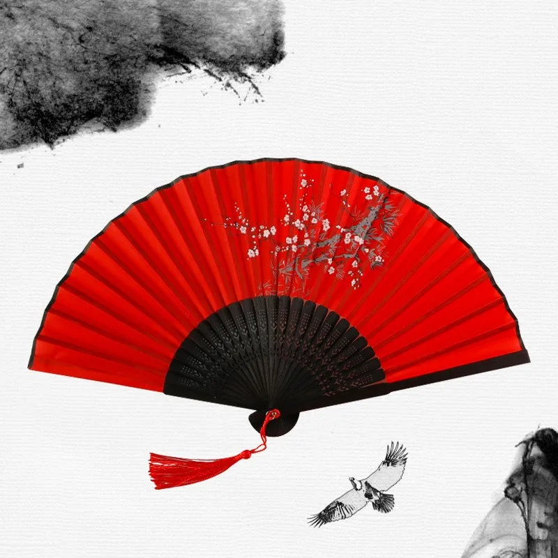 Vintage Chinese Japanese Fabric Floral Spun Silk Flower Printing Hand Fan Folding Hollow Carved Hand Fan Party Wedding Hand Fan