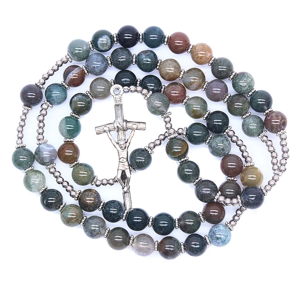 8MM Jade Beads Rosary Cross Necklace India Agate Stone Cross Necklace Religious Catholic Christian Prayer Bead NECKLACE