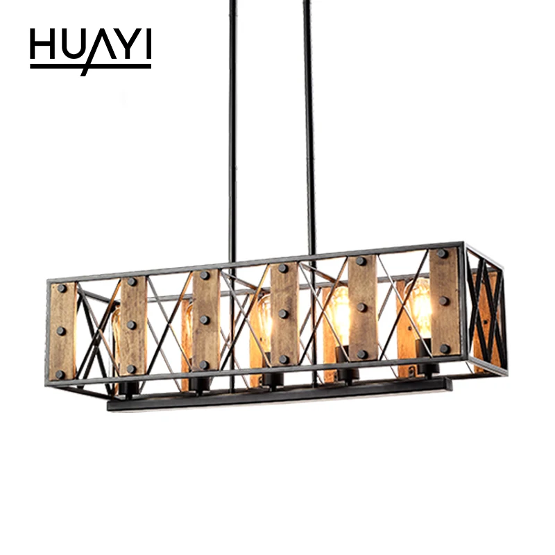 HUAYI New Design Vintage Iron E26 Handing Lamp Chandelier Indoor Home Kitchen Nordic Wood Pendant Light