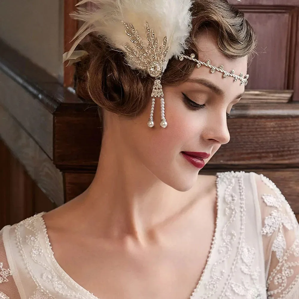 1920 Flapper Girl Party Headwear Women Showgirl Costume  Elastic White Great Gatsby Feather  Headband with Rhinestone Tassel