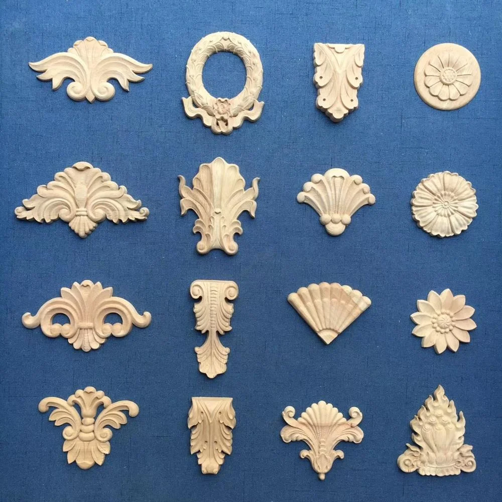 Customized wood carved appliques onlays wood decorative corner onlays wood carving appliques in carving crafts