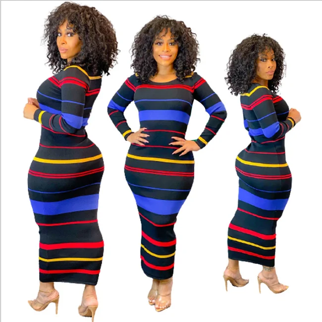 Модное черное платье до щиколотки из полиэстера с принтом в полоску и круглым вырезом