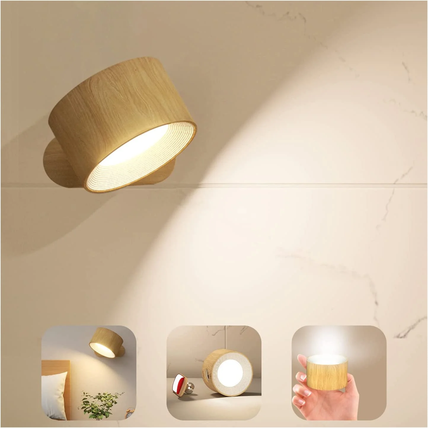 Rechargeable Battery Operated 3 Brightness Level Rotate Cordless Wall Light reading Bedside LED Wall Mounted Lamp