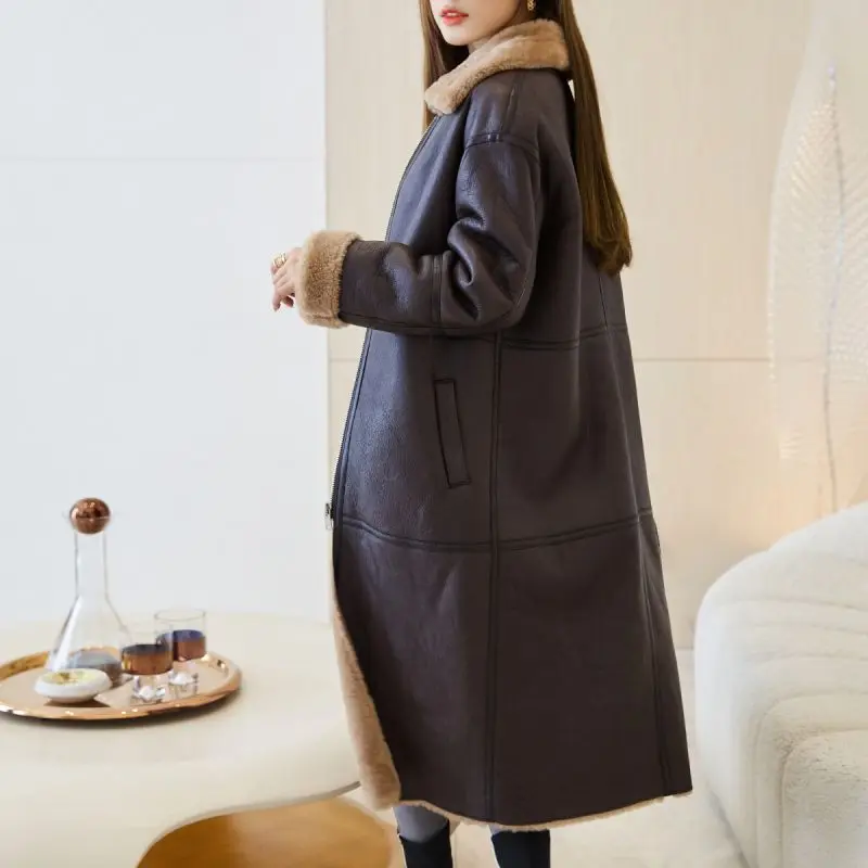 Fleece warm luxury Sheep fur parka patchwork fur coat motorcycle jacket genuine women leather coat leather crop with fur