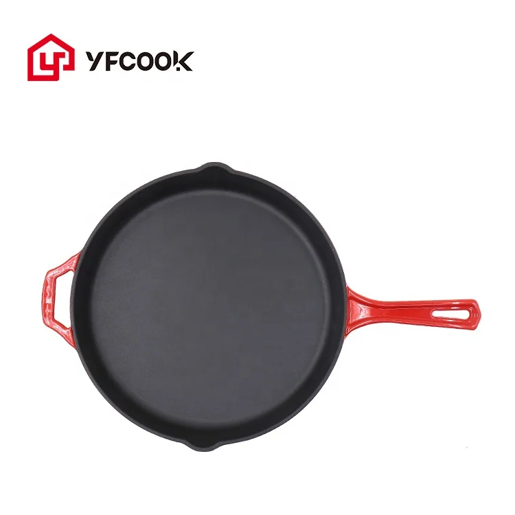 Hot Sell 30CM Cookware Red Enamel Bbq Steak Grill Fry Pans Cast Iron Skillet Non Stick Frying Pan