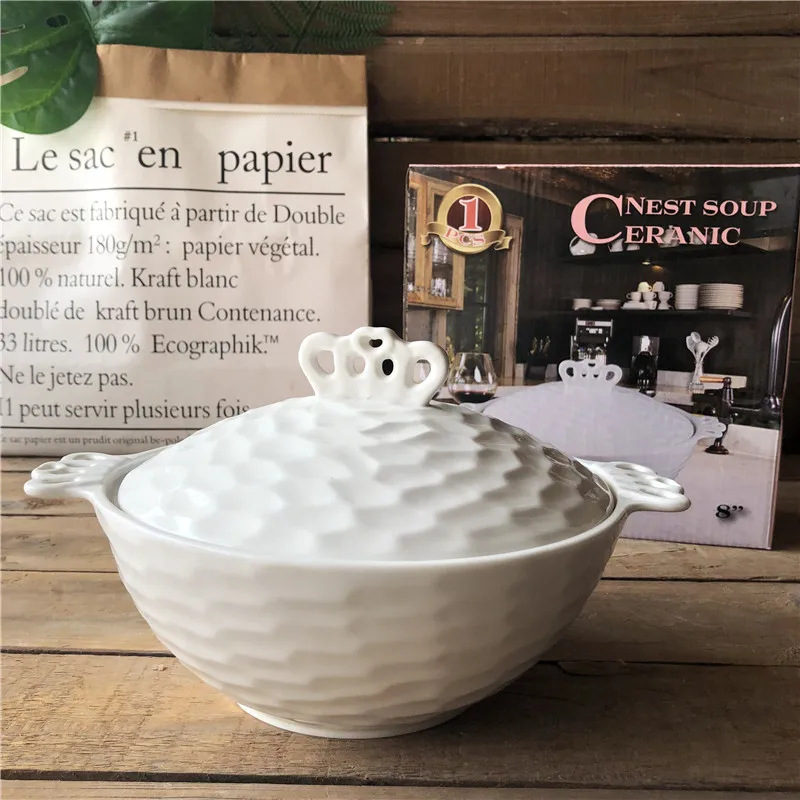 latest design ceramic embossed soup tureen bowls with two handle