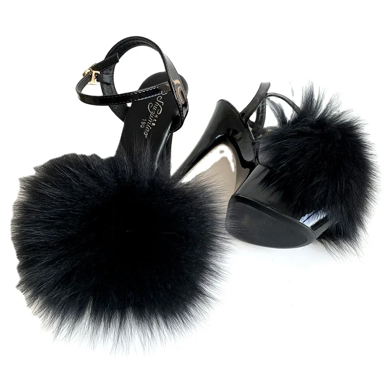 2022 Dropshipping Fur Heels Women High Heeled Sandals with Fluffy