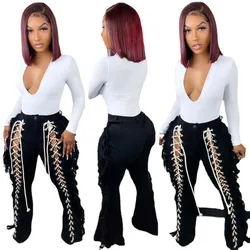 2022 Summer Denim Pant Sexy Hollow Out Clothing Plus Size Women Trouser Fashion Bandage Fringe Pant Lady Outdoor Cargo Jeans