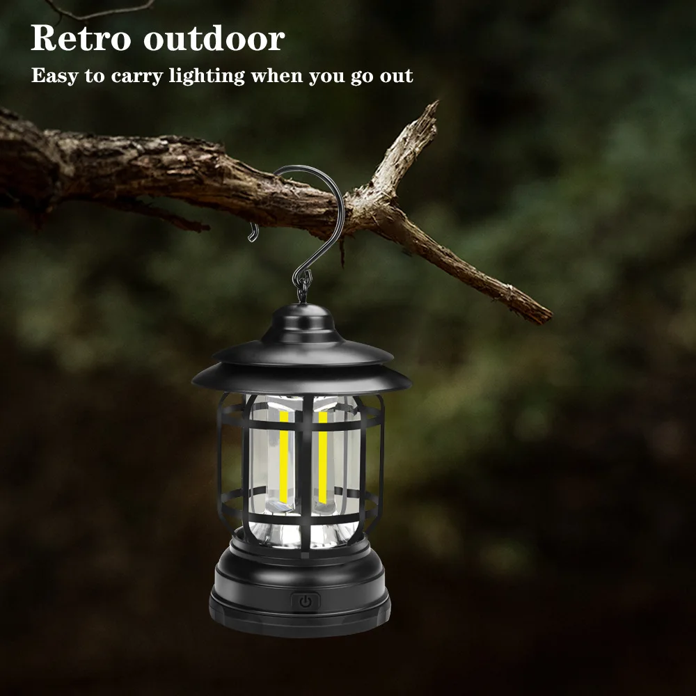 Portable Rechargeable Retro Lantern Lamp With Hook For Tent Vintage Camping Light Outdoor LED Camping Lantern