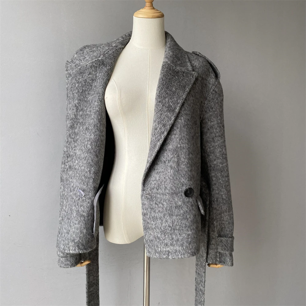 Wholesale Thick Warm Custom Short Style Double Faced Wool Outerwear Belt Elegant Soft Winter Long Sleeve Women Grey Wool Coat