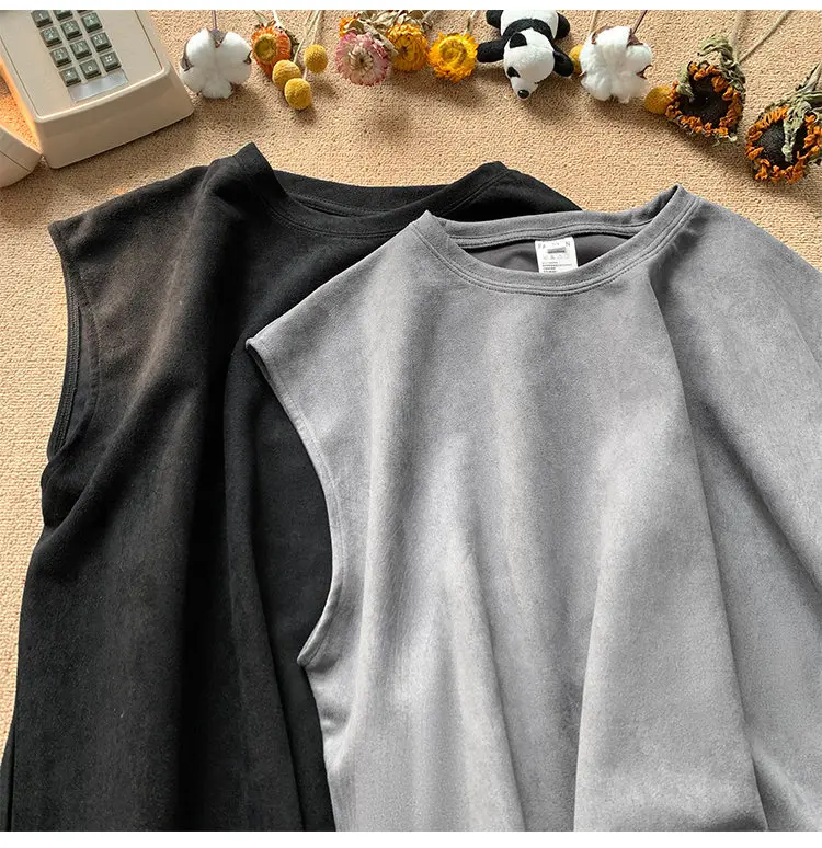 2024 new fashion streetwear unisex suede fabric blank solid color tank top heavyweight loose fit singlet vest for men