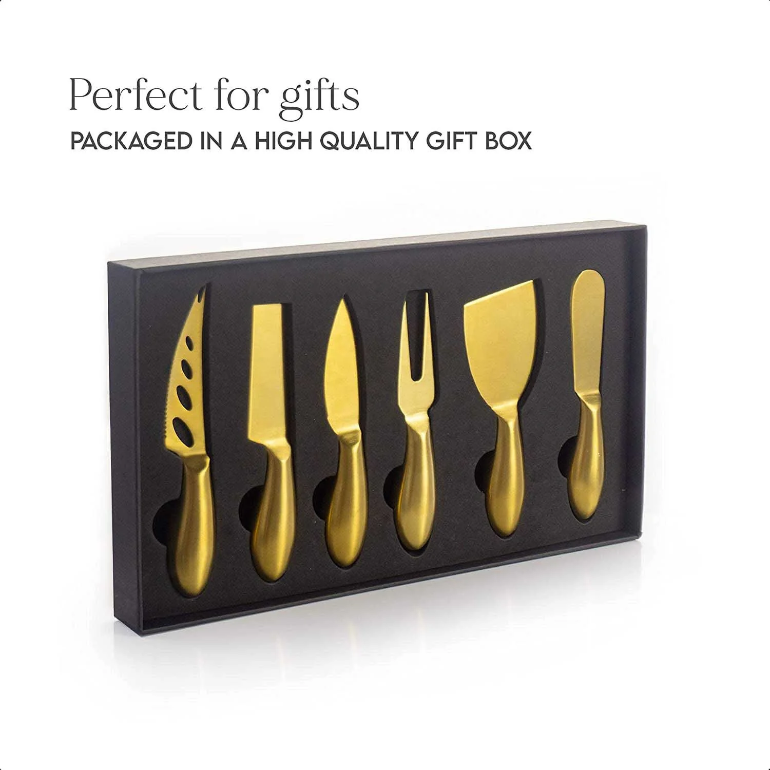 Cheese Tool Collection Stainless Steel Cheese Cutter Spreaders Fork Slicer Premium 6-Piece Golden Cheese Knife Set