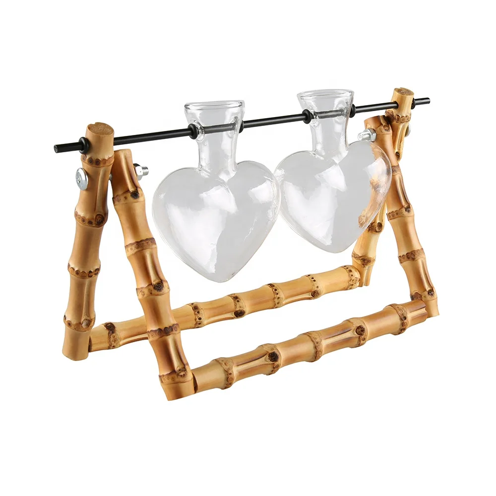 Desktop Decoration Heart Glass Bamboo Root Wooden Stand Propagation Stations Hydroponics Planter Water Air Plant Terrarium Vase
