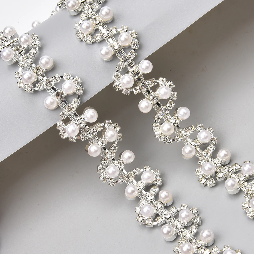 New 2Cm Wide Beautiful Pearl Rhinestone Trim Flatback Crystal Welded Code Chain Diy Wedding Dress Garment Collar Bag Accessories