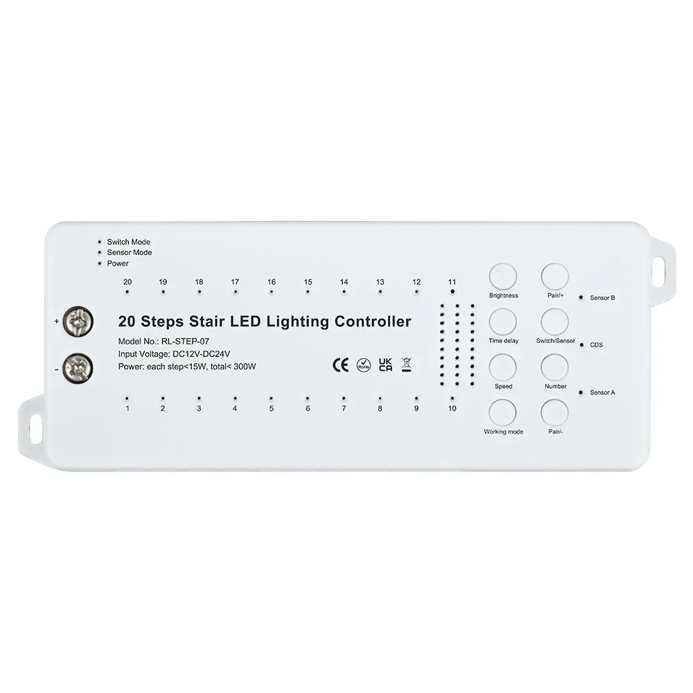 20 Steps Dynamic Stair Lighting Controller With Panel Switch And Motion Sensor Control System For House Staircase LED Strips