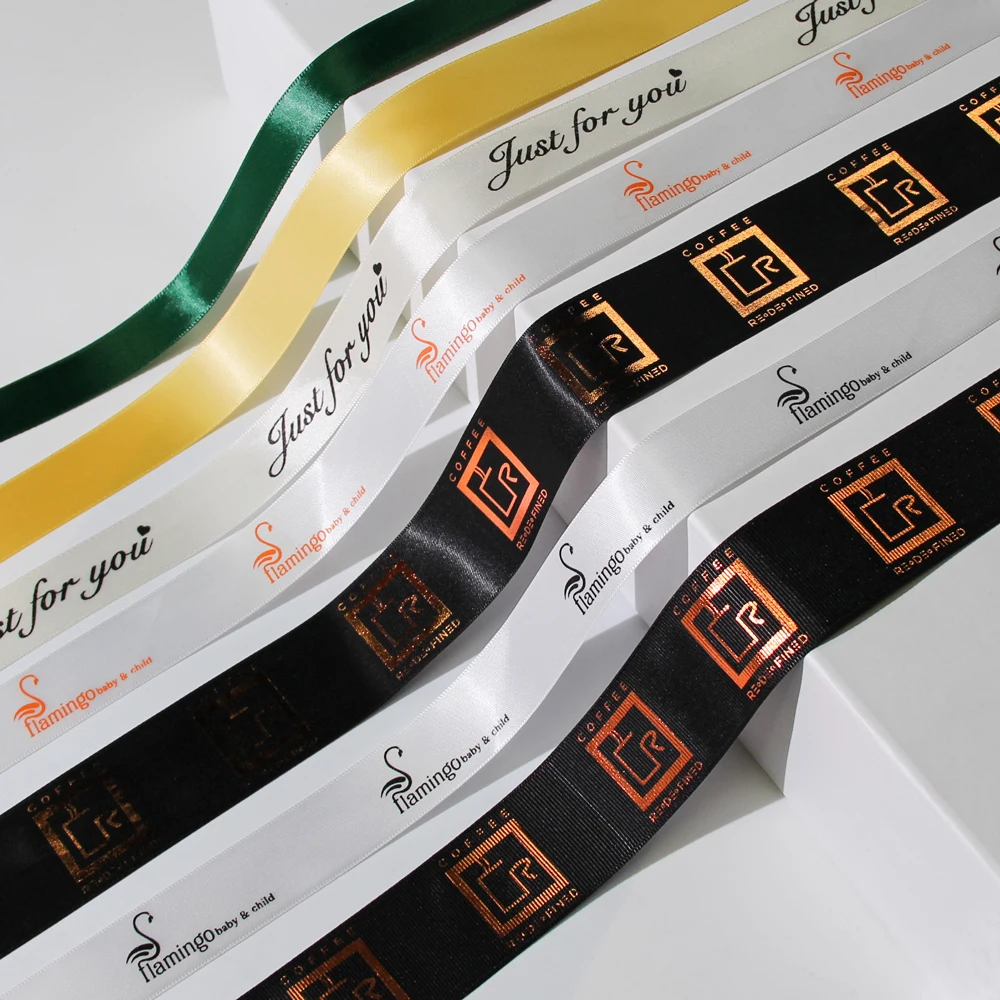 Custom Logo Factory Wholesale Solid Color Double Color Gift Gold foil Printed Satin Ribbon With 1cm 2.5 cm 4 cm 10 cm