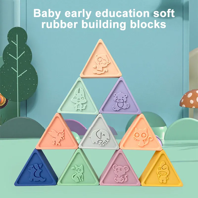 Animal digital shape silicone soft triangle animal pattern block without bisphenol A educational baby stacking toy