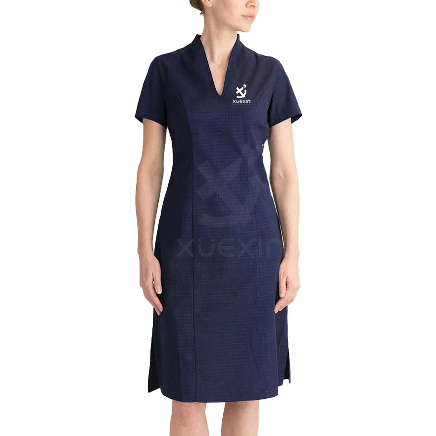 Stylish Housekeeping Uniforms V-neck Hotel Uniforms Maid Dresses Invisible Zip Housekeeping Dress