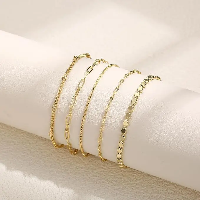 Hot Selling Layered Paperclip Beaded Figaro Cuban Link Chain Bracelets Dainty 5 Pcs Multilayer Gold Bracelet Set for Women