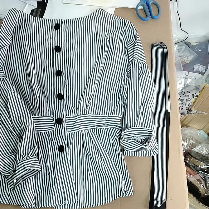 Women Korean Summer Office 2 Piece Set V-neck Lantern Sleeve Bow Striped Blouse Shirt + Split Pencil Flare Pant SET 15%