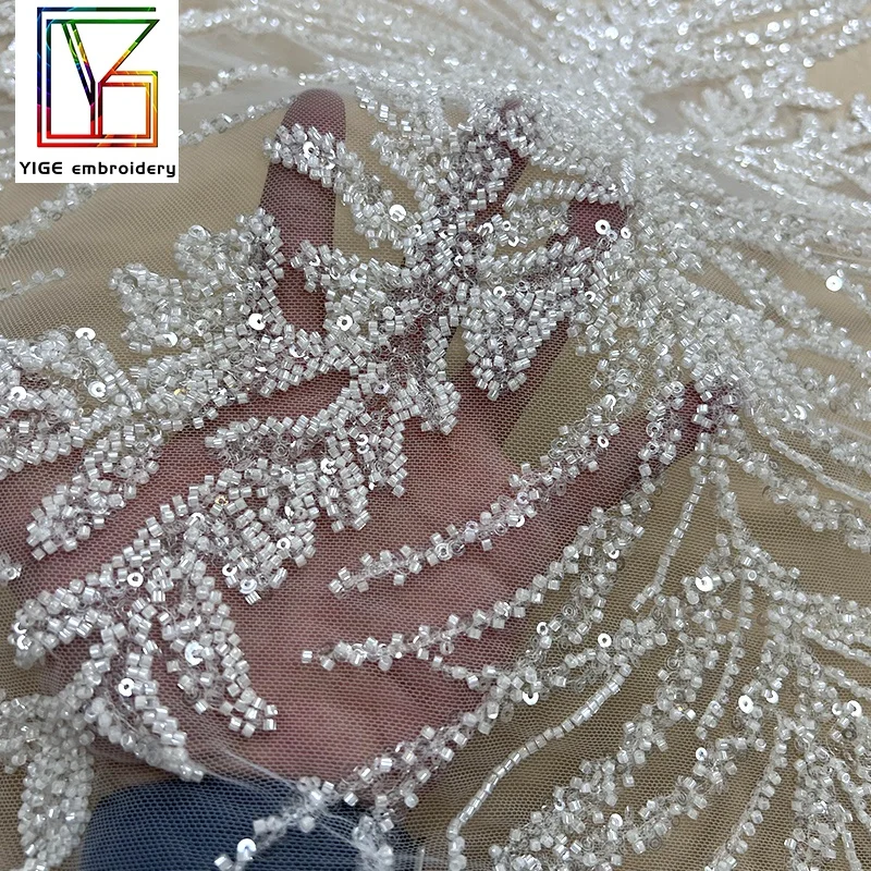 Top quality luxury heavy beaded white tulle Lace With Sequins wedding embroidery Beads bridal lace dress fabric