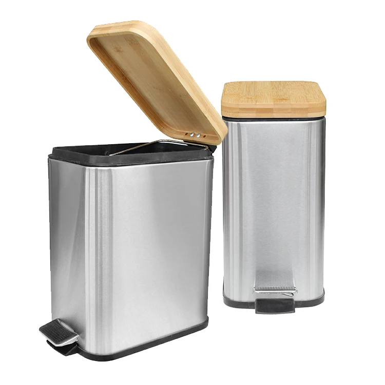 New Eco-friendly Bamboo Lid Stainless Steel Foot Pedal 3L 5L Waste Bin Metal Garbage Bin Dust Bin  For Kitchen Bathroom Office