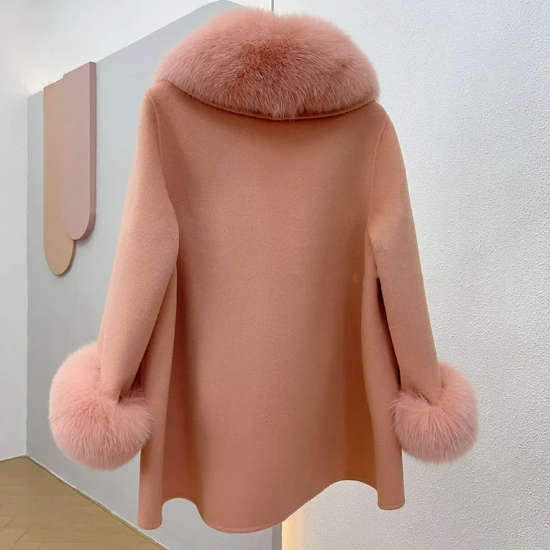 2024 New Women Real Wool Blended Coat With Real Fox Fur collar Fashion Loose Woollen Jacket Outwear Genuine Fox Fur Cuff
