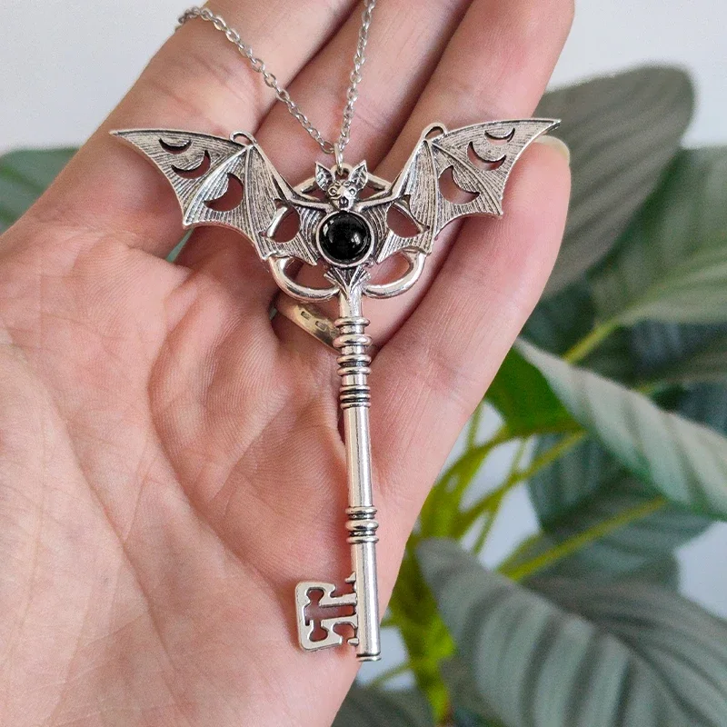 Witch Moon Phase Bat Key Pendant For Women Wicca Goth Necklace Jewelry