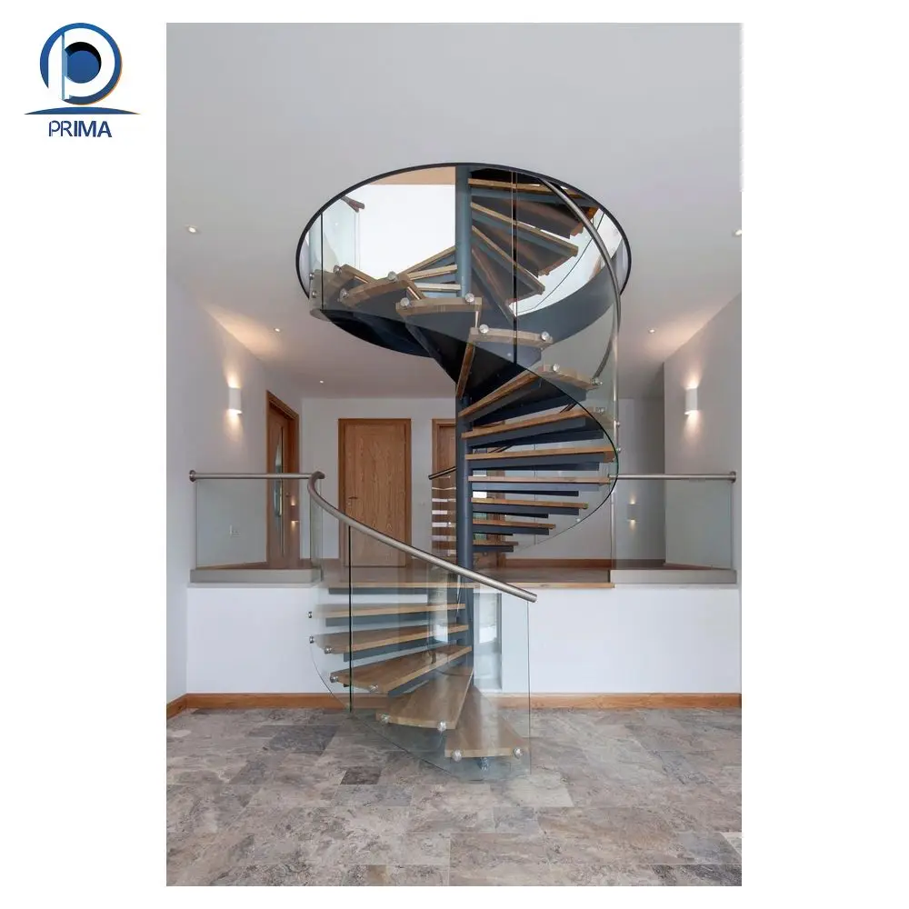 Prima Modern Spiral Staircase Wooden Stringer Treads Staircase With Glass Railing