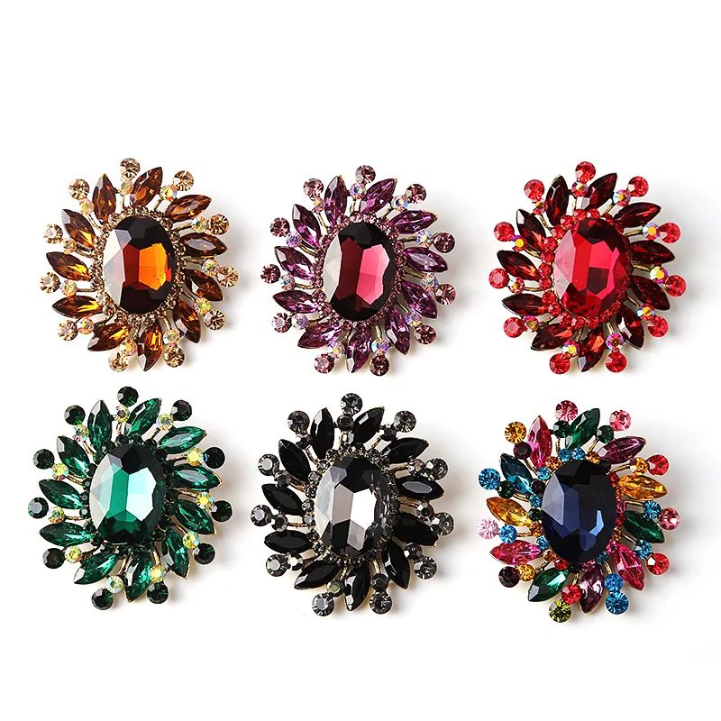 Custom Large Gold Plated Colorful Rhinestone Crystal Alloy Metal Brooches