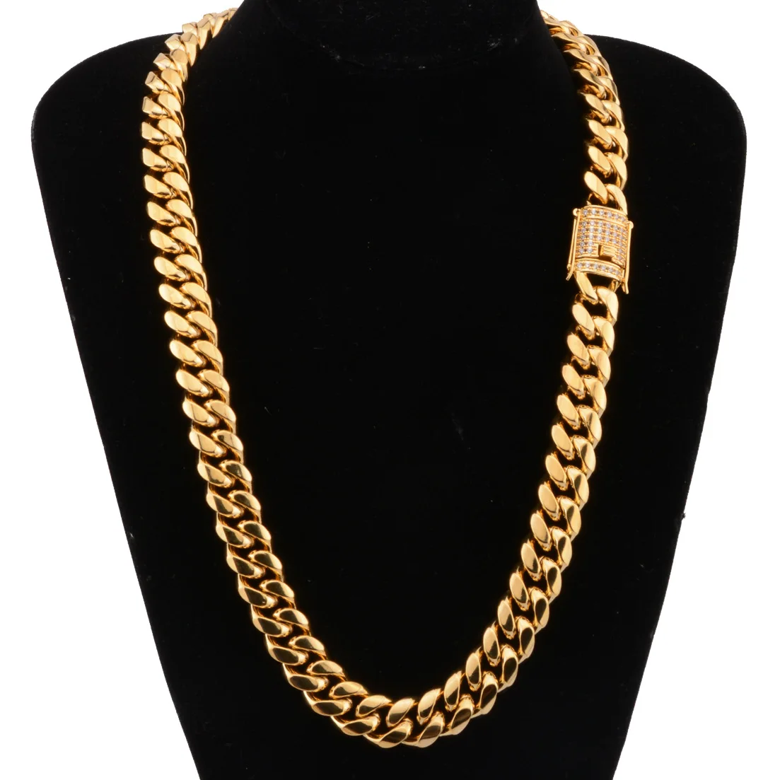 12mm Cuban Link Chain Colar de Corrente de Aco Inoxidavel com Fivela de Ouro Zirconio Colar de Corrente Cubano