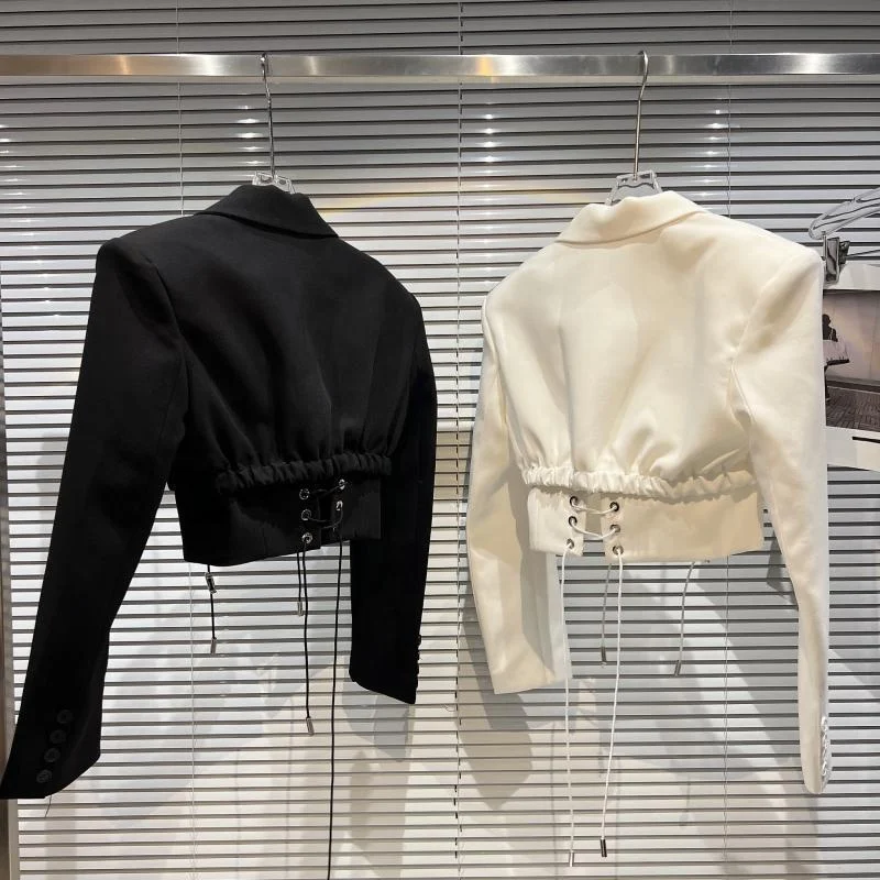 OUDINA Fashion Drawstring Design Celebrity Suit Jacket Blazer Crop Top Lades Women Cropped Blazer