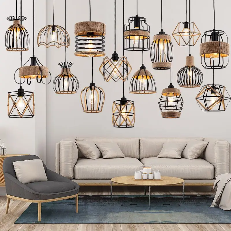 Vintage Industrial Style Single Head Pendant Light Simple Creative Restaurant Coffee Shop Hemp Rope Pendant Light