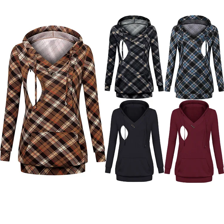 
Promotion Pregnant woman with long sleeves checked printing hoodie breastfeeding hoodie blouse 