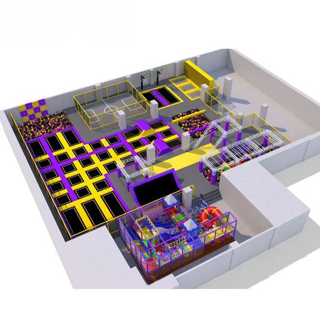 Большая площадь, несколько предметов, детский аттракцион, пенопласт, большой крытый батут, парк