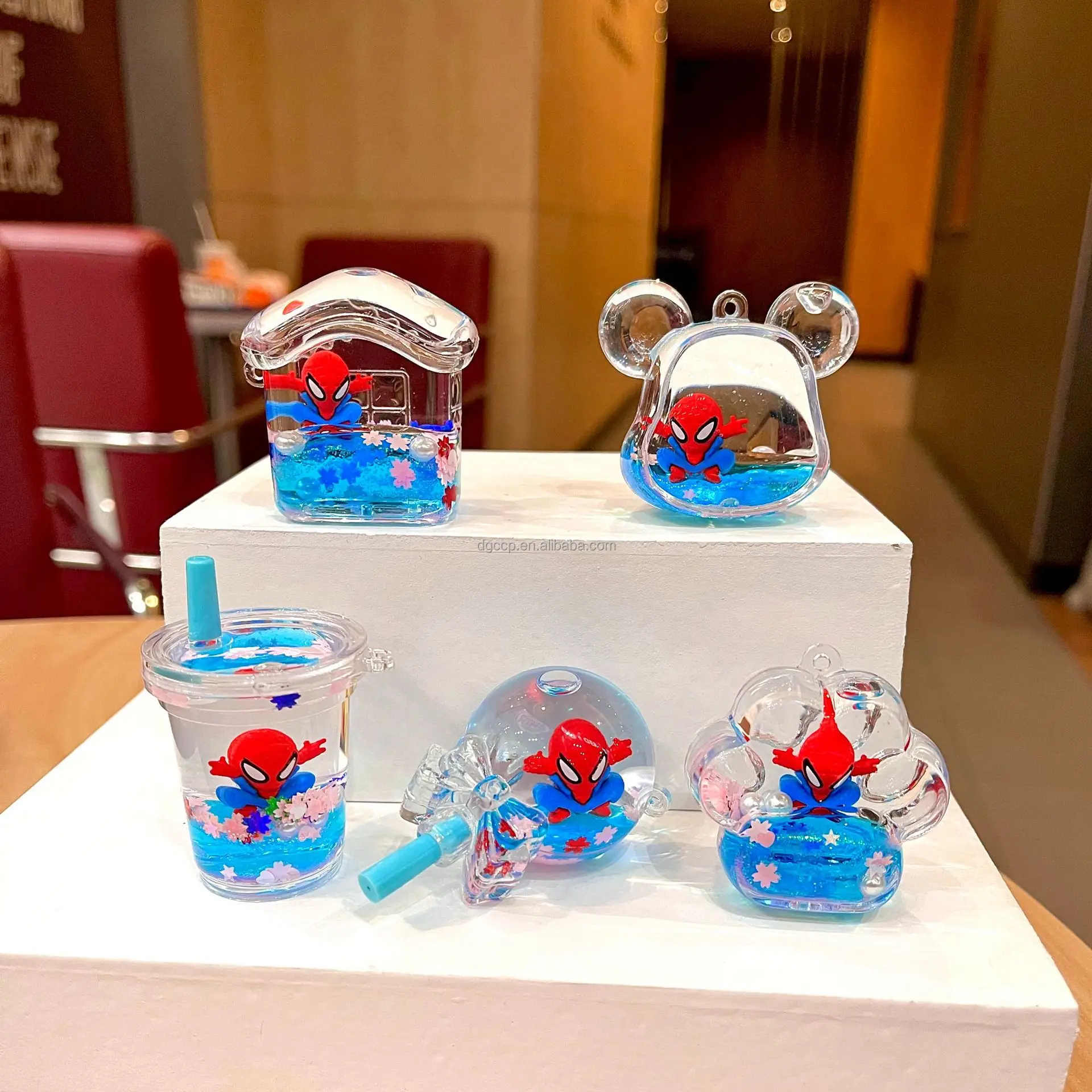 1batch=10PCS 100 design Cute Animal doll Liquid Floating Kawaii Acrylic Keychain bag Pendant Charm Key Ring for Girl Women