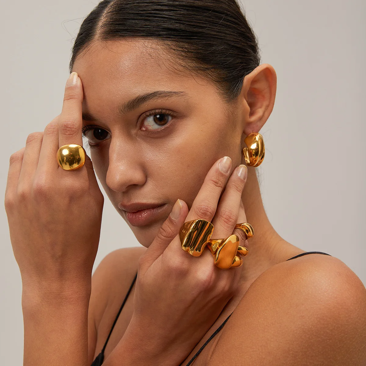 Minimalist Stainless Steel Rings Gold Plated Unisex Chunky Water Drop Textured Set Irregular Jewelry Design